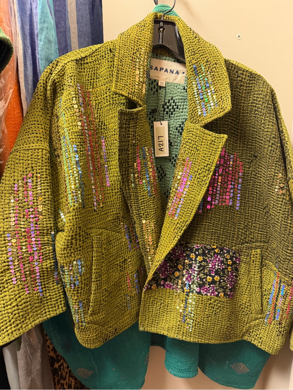 Sapana Olive Green Quilted Blazer with Sequin and Patchwork Detail